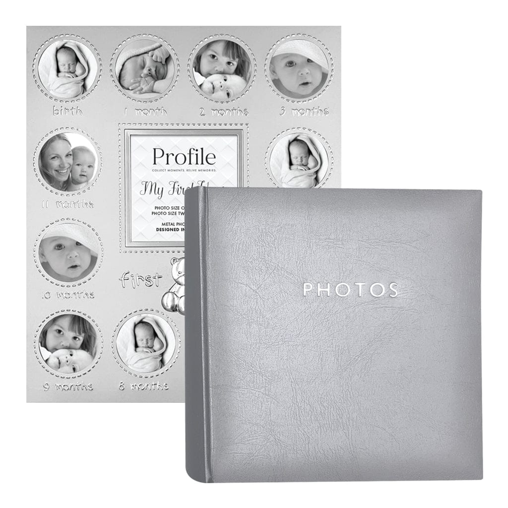 Baby First Year Gift Bundle – Silver Photo Album + First Year Frame (2 Pieces)