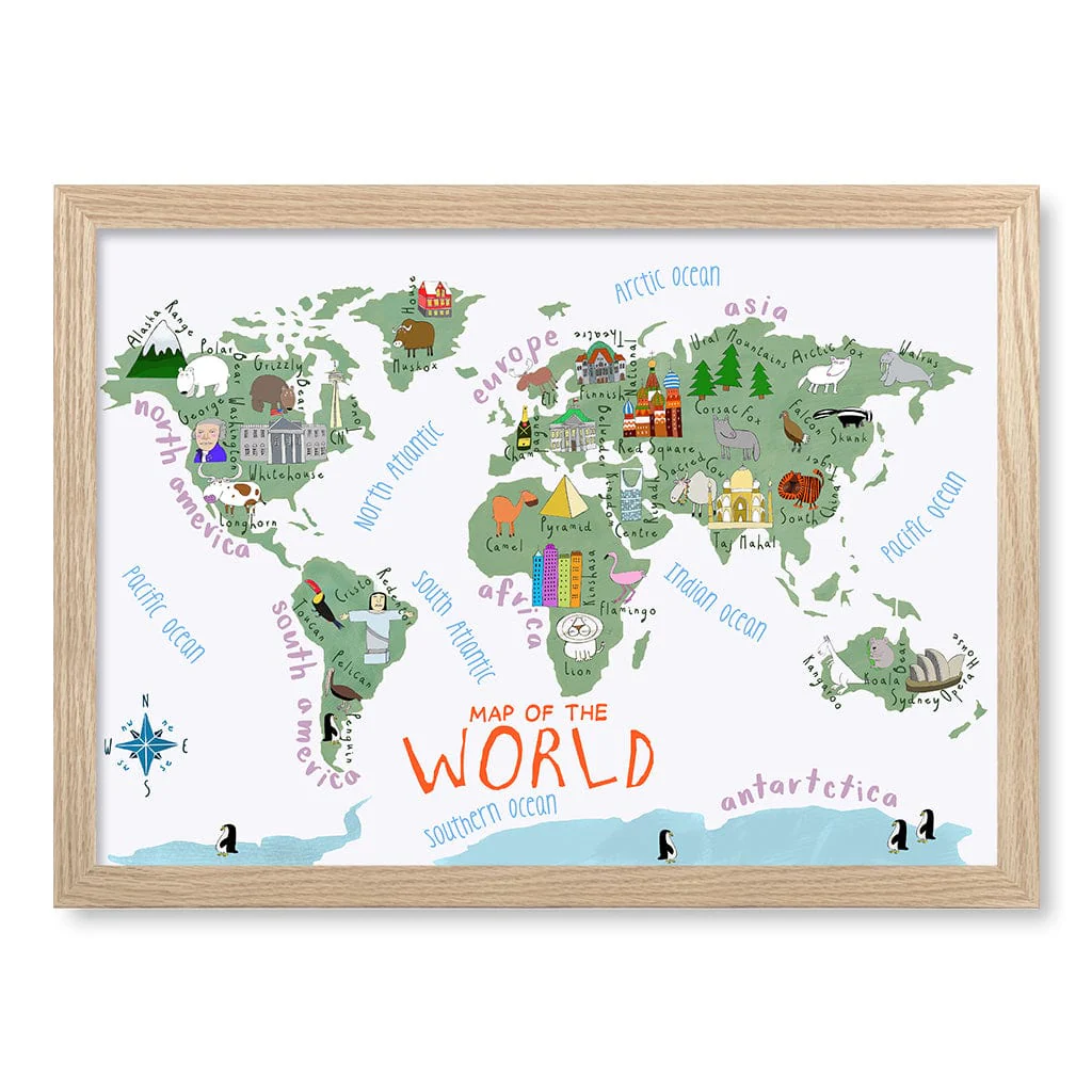 Illustrated Map of The World Educational Kids Wall Art Print