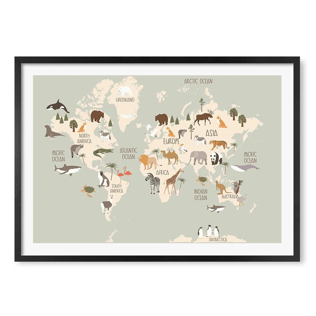 Wildlife World Map Educational Kids Wall Art Print - Image 31